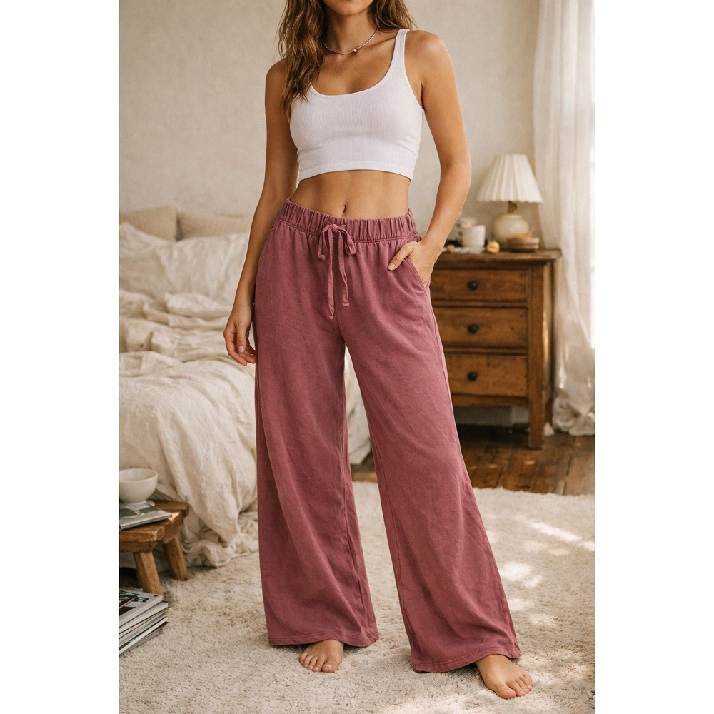 Out From Under Wide Leg Lounge Pants Maroon Cotton Drawstring Waist Sz XL NWOT